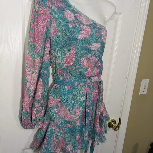 HEMANT AND NANDITA Kefi One Shoulder Mini Dress in Blue & Pink - size XS NWOT - Picture 7 of 15